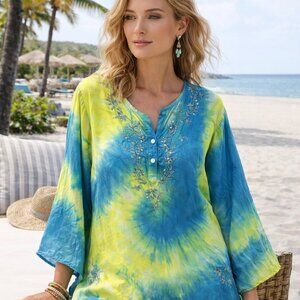 Baba Clothing LA Silk Tunic Top Embroidered Sequins Tie Dye Colorful Resort O/S